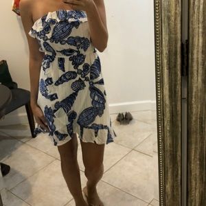 Lily Pulitzer strapless ruffle blue and white shell dress